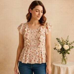Lauren Conrad Floral Lace Ruffle Blouse Peplum Style Romantic Cottagecore Medium